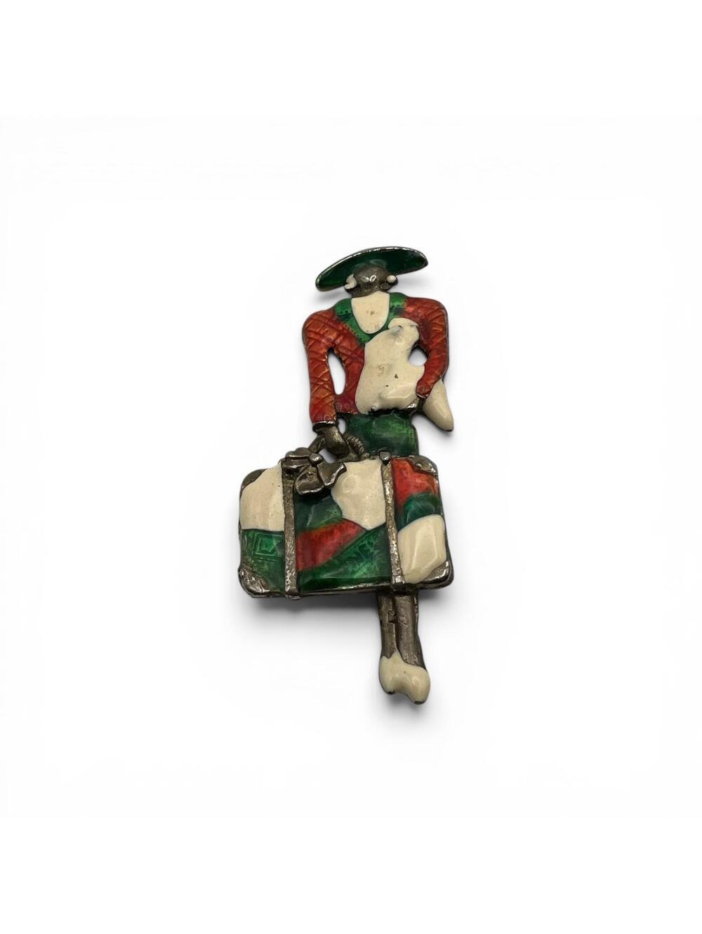 Vintage Woman with Dog and Suitcase Enamel Brooch Pin